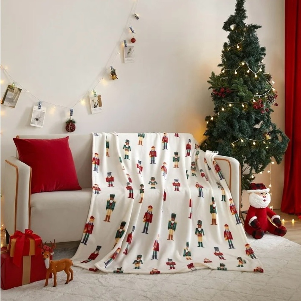 Holiday Time Nutcracker Pattern Throw Blanket - White, Red, Green